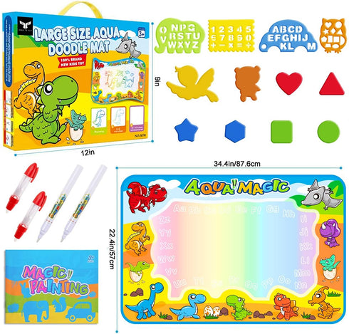 Kids Toys Water Doodle Mat, Dinosaur Painting Coloring Pad for Toddlers 1-3, Aqua Magic Drawing Board for Gifts