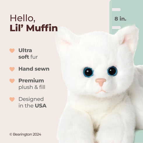 Bearington Lil' Muffin Small Plush Stuffed Animal, 8 Inch White Cat Kitten