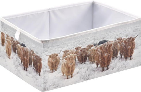 linqin Scottish Highland Cow Print Rectangle Storage Basket, Foldable Open Storage Bins