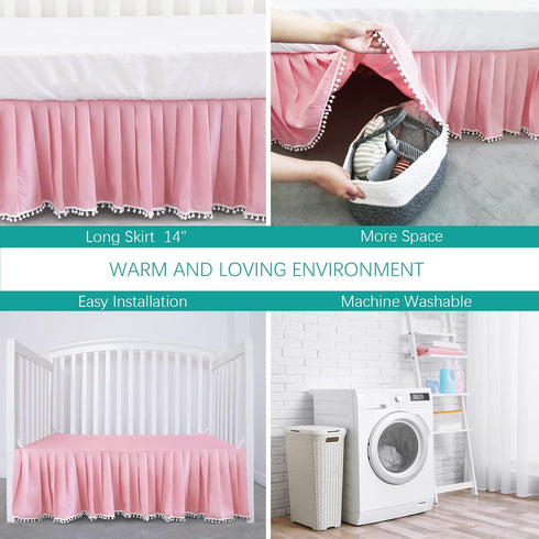 Pink Crib Skirt Pleated with White Pompoms, 14" Drop Bedding Dust Ruffle for Girls, Fade Resistant Machine Wash