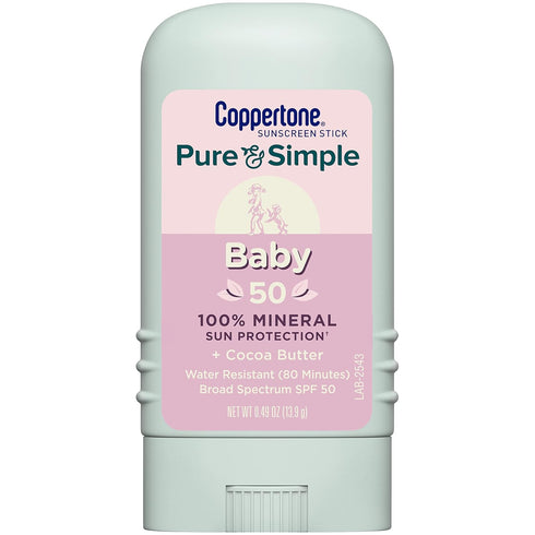 Coppertone Pure and Simple Baby Sunscreen Stick SPF 50, Zinc Oxide Mineral Sunscreen for Body and Face, 0.49 Oz
