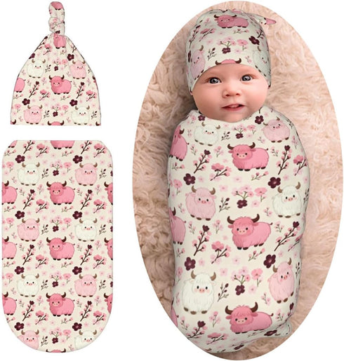 zhedongsj Highland Cow Baby Stuff Swaddle Blanket with Hat, Soft Western Floral Farmhouse