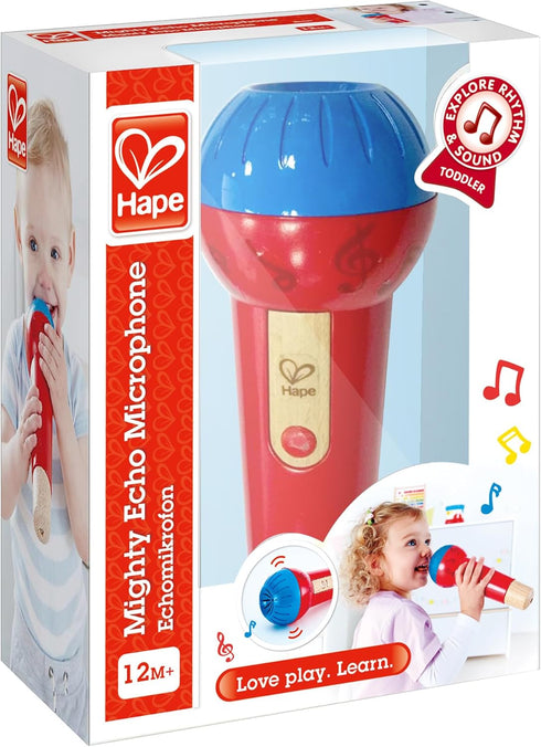 Hape Mighty Echo Microphone, Battery-Free Voice Amplifying Toy for Kids 1 Year & Up, Red, Model Number: E0337