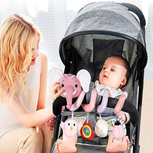 Musical Owl Rattle and Hanging Stroller Toys for Babies 0-6 Months, Pink Elephant Car Seat Toys for Newborn Girls
