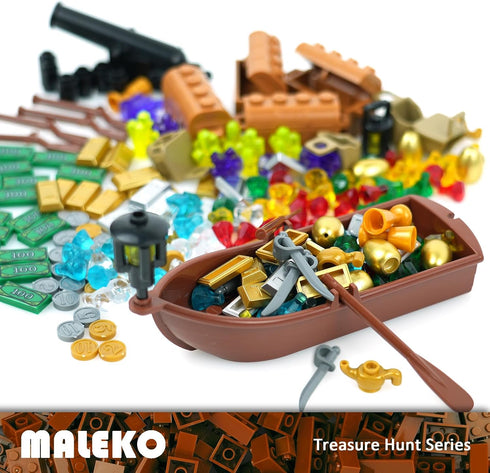 MALEKO Money Pirate Ship Treasure Accessories, Bank Dollars Cannon Crystals Gems Coins Gold Bar Silver Map Cash Chest
