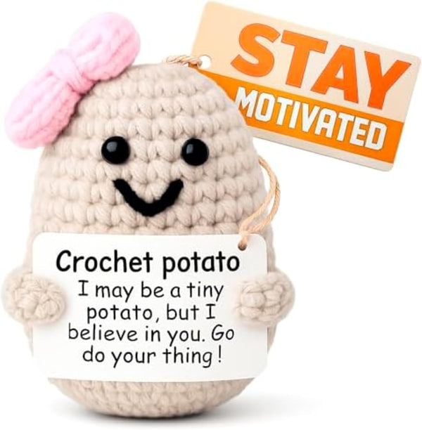 Crochet Potato Desk Figurine Ribbon & Motivational Card - 3.14x2.36" Handmade Mini