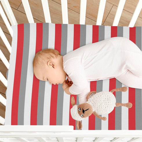 Pigsaly 27x39 Inch Crib Sheets Red White Grey Stripe Baby Sheet for Standard Crib Mattress Boys Girls Toddler Bed