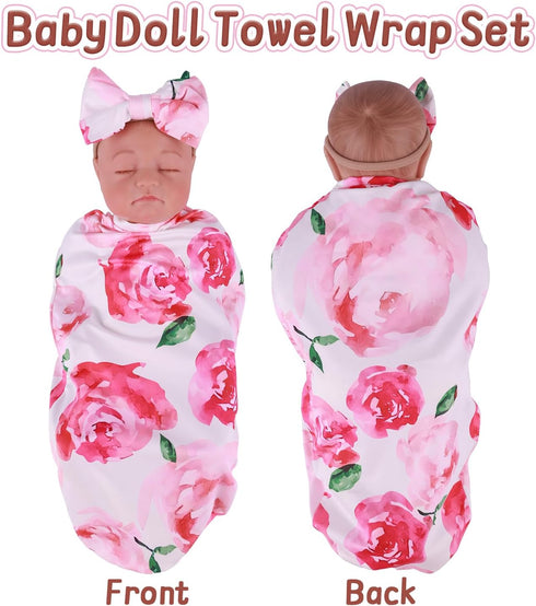 BABESIDE Reborn Baby Doll Blanket with Doll Headband for 17-22 Inch Babydolls, Baby Doll Wrap Towel Set