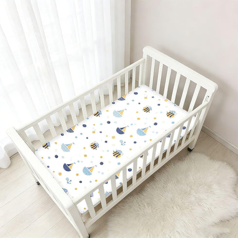 miaozhen 1 Pack 52x28 Cotton Baby Crib Sheets Soft Breathable Funny Ocean Bee White Children Crib Sheet for Nursery