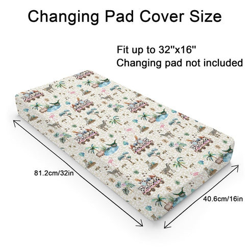 Baby Zoo Safari Animals Train Changing Pad Covers Leopard Giraffe Zebra Hippo Flamingo Tropical Leaves Baby Changing Table Pad Sheet for Boy Girl Soft Breathable Stretchy Changing Table Mat 32''x16''