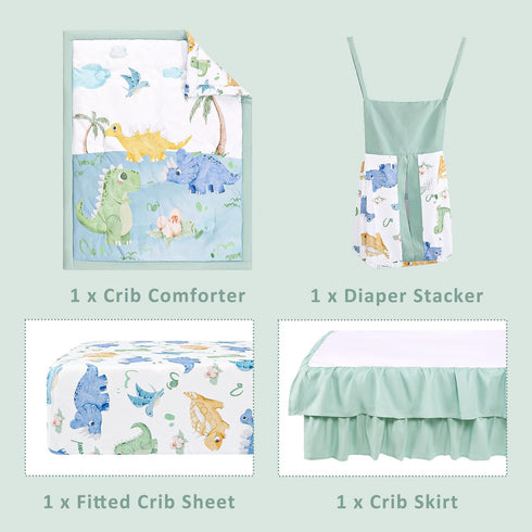 4-Piece Set Set TANOFAR Crib Bedding for Baby Boys, Blue Dinosaur Nursery Bedding Includes Comforter, Fitted Crib