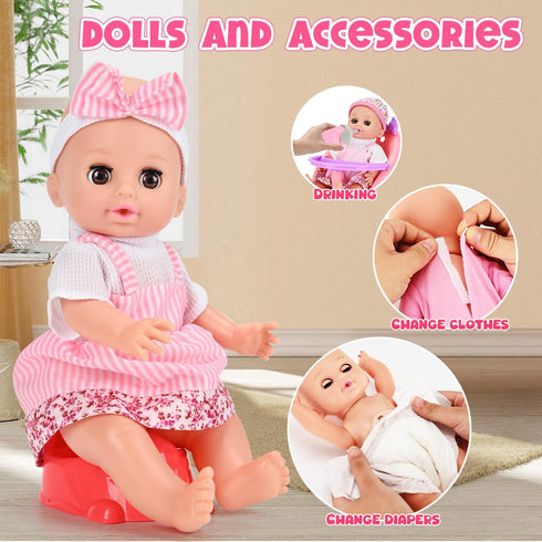 ALLROAD Set 12.5'' 2 3-5 4-6 5-7 Baby Doll Stroller Toy with Doll and Accessories- Doll Clothes, Diaper, Dining Chair