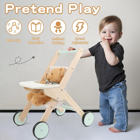 Wooden Baby Walker Doll Stroller - Baby Push Walker & Shopping Cart Learning Toy for Boys and Girls