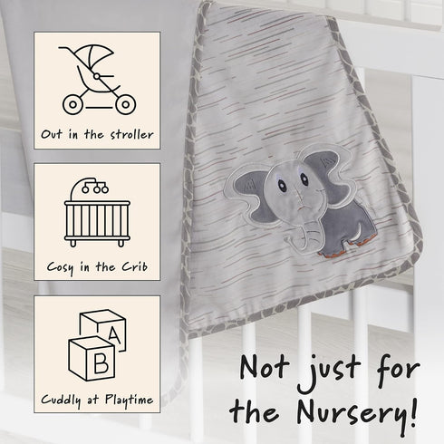Baby Blanket with Elephant Embroidery, Unisex, Super Soft, Jungle Animal Safari Collection, Gray/Multicoloured, 30x40