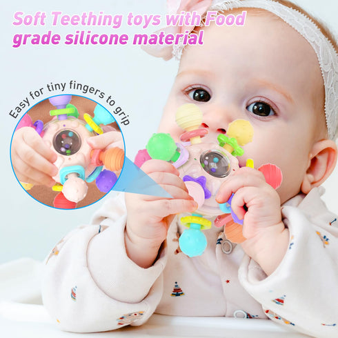 Baby Teething Toys for 0-6 Months, Montessori Sensory Teether for 0 3 6 9 12 Months, Educational Rattles for Newborns