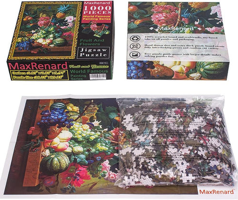 MaxRenard Oil Painting Jigsaw Puzzle 1000 Pieces for Adults, Fruit and Flowers Fine Art Puzzle Home Decoration
