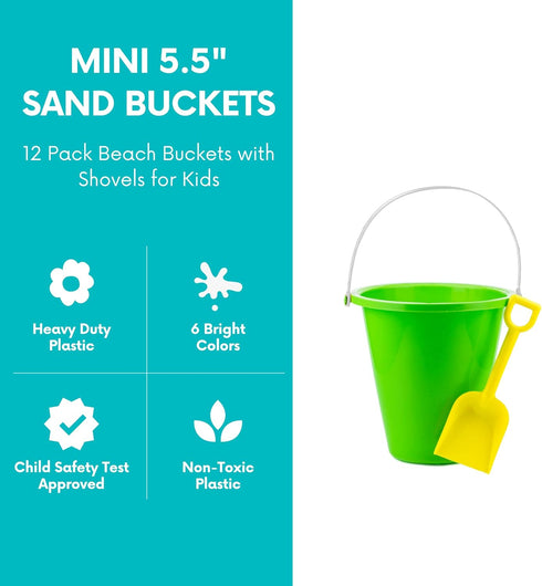 4E's Novelty 12 Sets 5.5" Sand Buckets and Shovels for Kids - Small Beach Toys for Summer Outdoor Fun, Party Favors