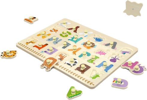Wooden Peg Puzzle for Toddlers, Alphabet Learning Toys, Chunky ABC Shape Puzzles for Kids, Preschool Knob Puzzle