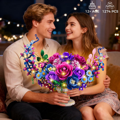 Set 1274 12+ PLAXSOON Moon Flower Bouquet Building with Lights, Mothers Day Flowers Botanicals Building Block Kit, PCS