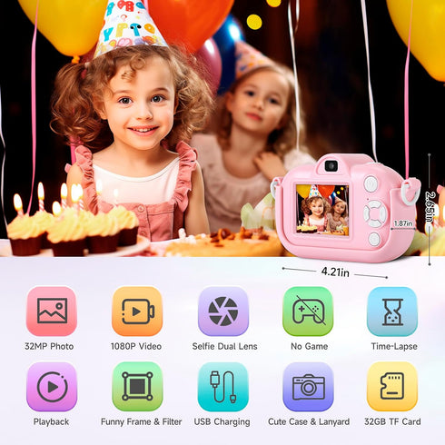YEEHAO Kids Camera for Toddler Girls Boys, 32MP Digital Camera for Ages 3-9, Pink Birthday Gift