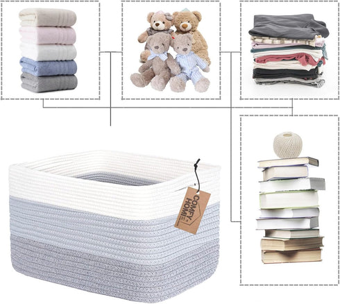 COMFY-HOMI Cotton Rope Woven Basket, 13.5"x11"x9.5" Toy Organizer with Handles for Shelves, White/3Tone Grey