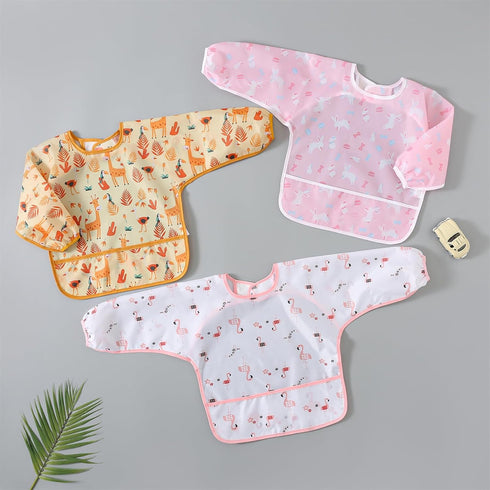 Hafftnun 5-Pack 3-30 Baby Long Sleeve Waterproof Bib Full Coverage Apron Bib Smock Toddler Bibs with Pocket Months