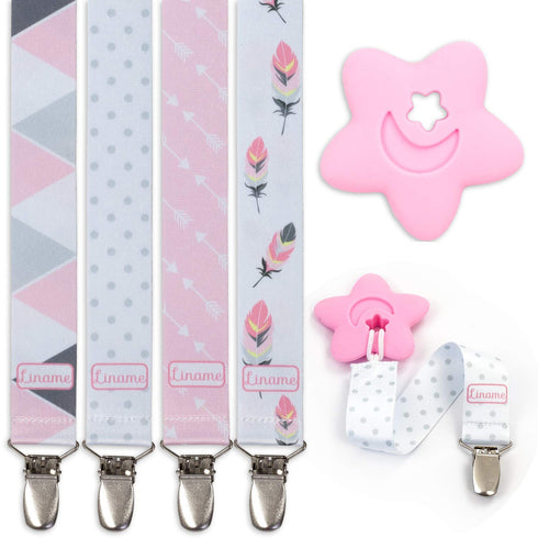 Liname Neutral Pacifier Clip with Teething Toy - 4 Pack Unisex Pacifier Clips for Boys & Girls (Pink)