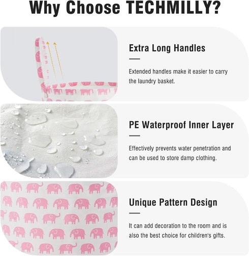 TECHMILLY Large Storage Basket - Collapsible Laundry Hamper with Long Handles, Toy Bins for Nursery, Kids Room Décor