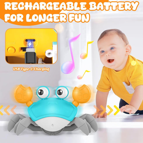 Crawling Crab Baby Toy - Light-Up Walking Dancing Moving Crab with Music & Obstacle Avoidance, Tummy Time Gifts for