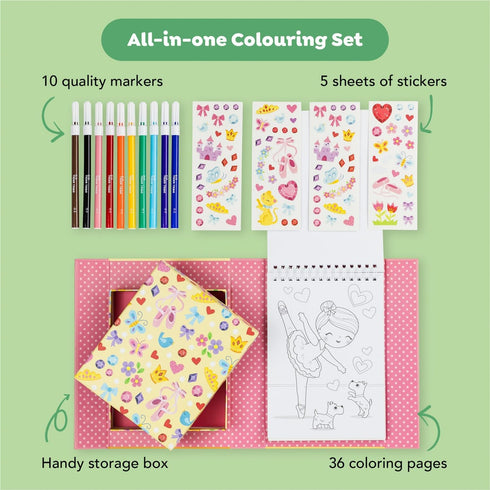 Set 3+ 14014, Schylling Tiger Tribe Ballet Coloring - Travel Take Along Art Kit - All Supplies Included - Easy Storage