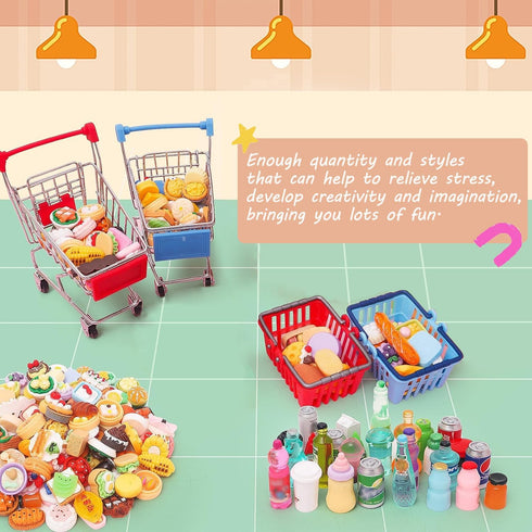 kapeiluo 135Pcs Mini Shopping Cart Basket Miniature Food Drink Toy Supermarket Metal Handcart Dollar Bills Toys