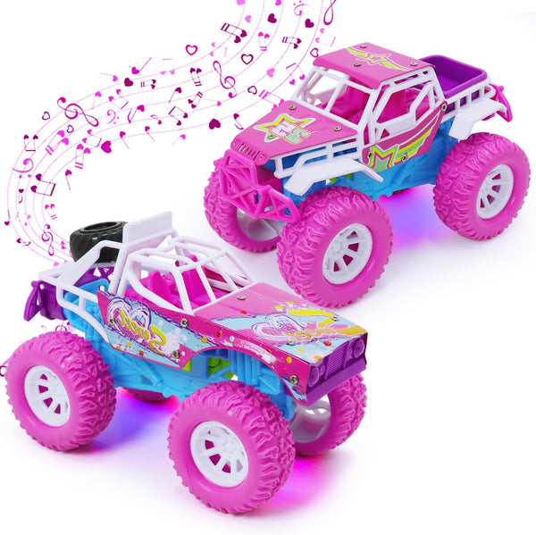 Toddler Girl Toys - 2 Pack Pink Car Monster Truck for Girls Age 2-6 with LED Lights and Music