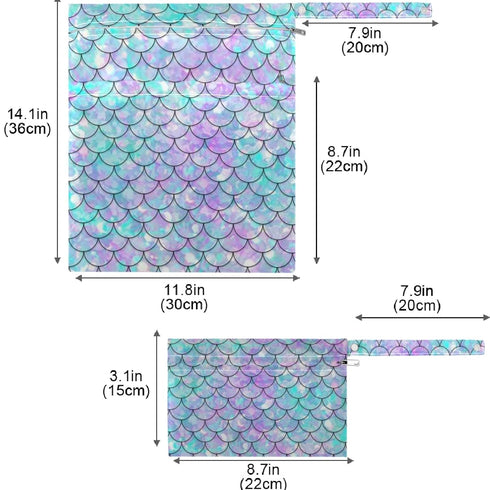 visesunny 2Pcs Wet Bag with Zippered Pockets Beautiful Rainbow Mermaid Scale Washable Reusable Roomy