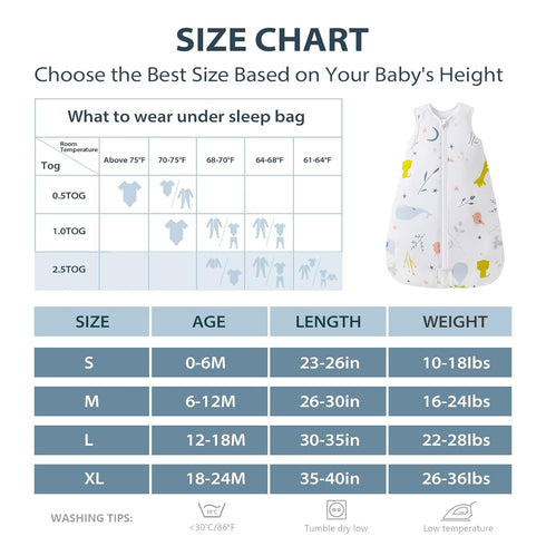 Mosebears Sleep Sack Baby Winter Wearable Blanket with 2-Way Zipper, 2.5 TOG Cotton Unisex (White Animal, 0-6 Months)