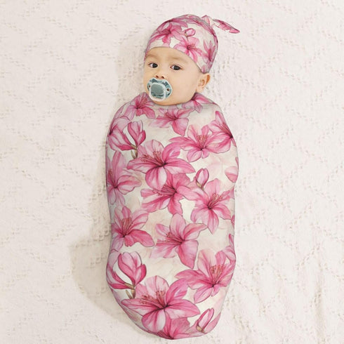 Sets Azalea Flowers Newborn Swaddle Blankets Hat Soft Baby Receiving Blanket Swaddle Sack for Baby Shower Infant Boy