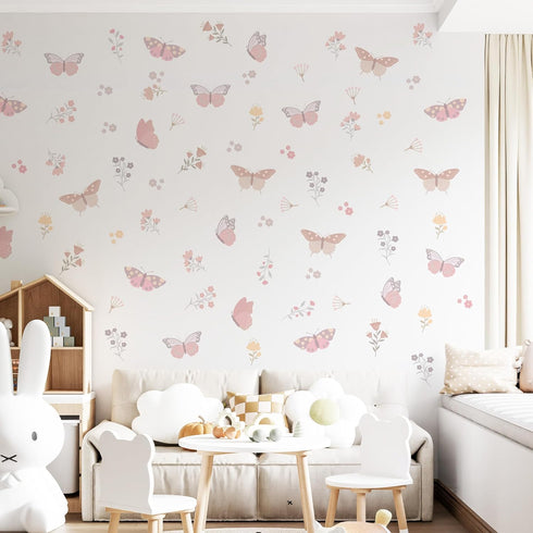 Butterfly Flower Wall Decals,Butterfly Floral Art Wall Sticker Decors,Peel and Stick Butterflies