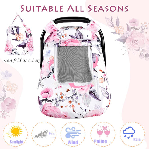 2 Floral Baby Carseat Cover Girls, Pea Pod Infant Car Seat Covers Canopy for Newborn with Layers Windows of Breathable