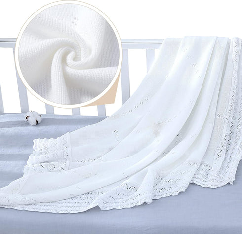 47x47 Booulfi Baby Blanket White Receiving Blanket Baptism Christening Towel for Newborn Girls Boys, White Cotton Knit