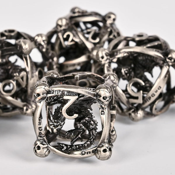 UBEUCK 7PCS Skull and Dragon Metal DND Dice Set for Dungeons & Dragons, Multi-Faceted RPG (Antique Nickel)