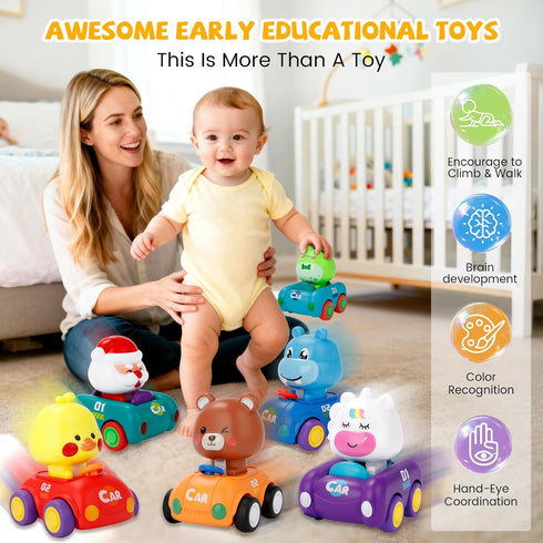 1-3, 6 Pack Set 6-9-12-18 1st 1-2 Press and Go Car Toys for Toddlers Birthday Gifts for Boys, Friction Powered Baby