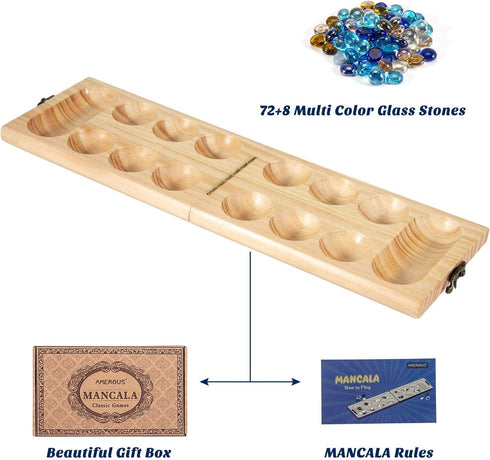 AMEROUS Wooden Mancala Board Game Set - Folding Board with 72+8 BONUS Multi Color Glass Stones, Portable Travel Game
