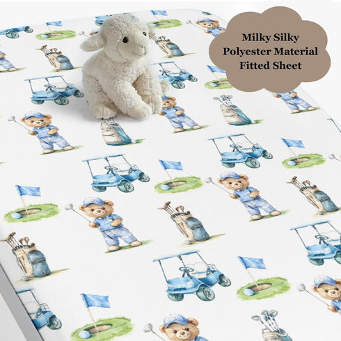 Wicbfdfv 52x28x9 Cute Bear Golf Cart Blue Baby Crib Sheet for Boys Girls in Bears Sport Golfing Flag Club Fitted Crib