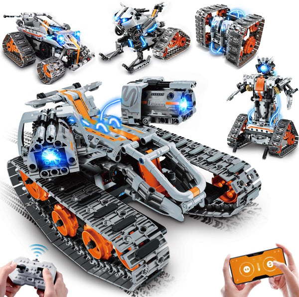 5-in-1 STEM Building Toys with LED Light, 604 PCS RC Tech Tank Robot Sleigh Gift for Kids Ages 6-12+