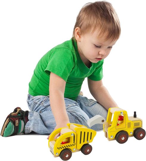 Wooden Push Car Toys for Infants, 2 Pcs Baby Vehicle Toys for 18 Months, Excavator + Truck