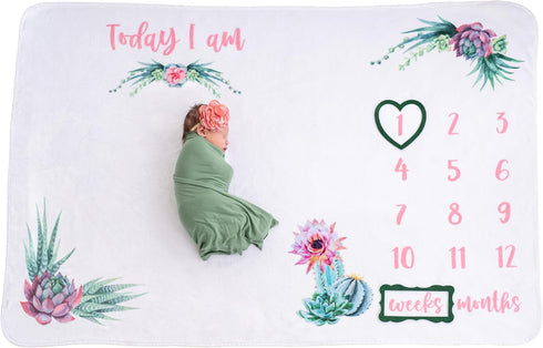 Baby Monthly Milestone Blanket for Baby Girl, 60"x40" Cactus Growth Chart, Weekly & Monthly Photography Prop