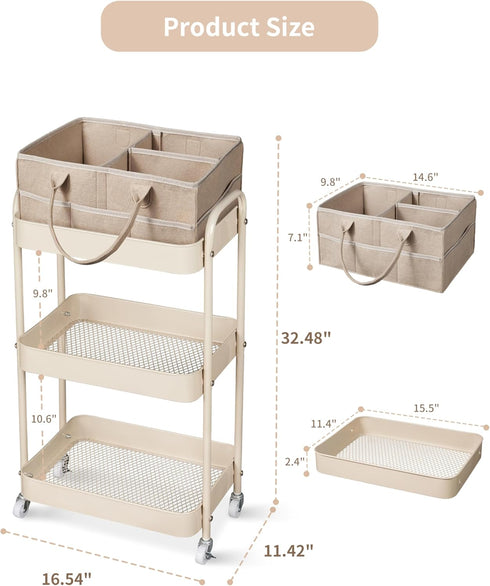 3 Fortella Baby Diaper Caddy, Tier Rolling Storage Cart for Baby Essentials, Diaper Cart with Detachable Dividers