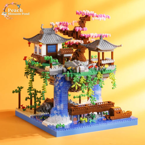 LQPFBSM Sets 2500 Cherry Blossom Treehouse Micro Mini Building Block Japanese Bonsai Tree Peach Blossom Pool