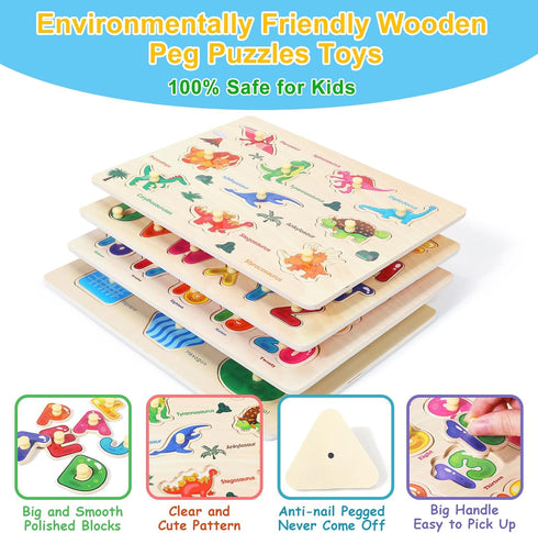 Montessori Wooden Peg Puzzles, 4 Pcs Educational Toys for Toddlers 2-5 Years, Alphabet, Shape, Number, Dinosaur Gifts