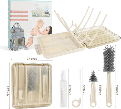 FXXQHT Set, 6-in-1 Baby Bottle Brush Travel Bottle Cleaning Kit with Silicone Bottle Brush, Nipple & Straw Brush, Soap