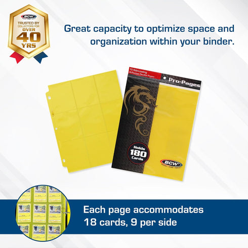 BCW Double-Sided 9-Pocket Pages Holder, 20 Yellow Pages for Trading Card Binder, Secure Side Loading Solution